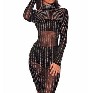 Black Rhinestone Mock Neck Long Sleeve Dress - Sleek & Sexy Statement Piece ✨⚫